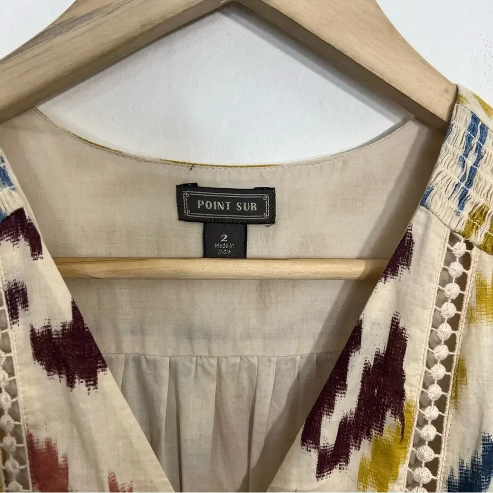 J. Crew Point Sur Tiered Pom Pom Midi Flutter Sleeve Cotton Ikat Dress Size 2